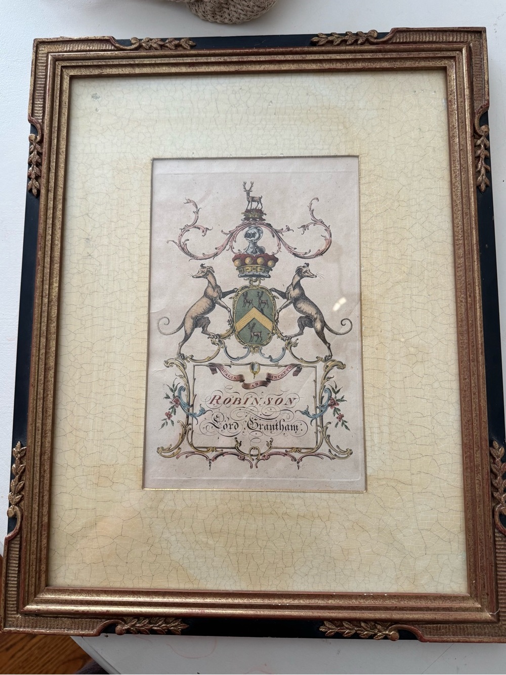 18th Century Robinson, Lord Grantham Heraldic Engraving in Large Antique Frame
